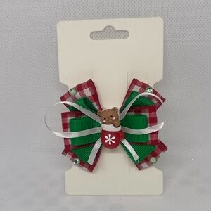 Festive Green and Red Bow with Bear Accent